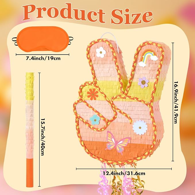 WERNNSAl Funny Groovy Peace Sign Piñata - Yellow Hippie Hand Gesture Piñata for Kids with Blindfold and Bat Retro Hip Hop Birthday Party Supplies Two Groovy Daisy Party Decorations