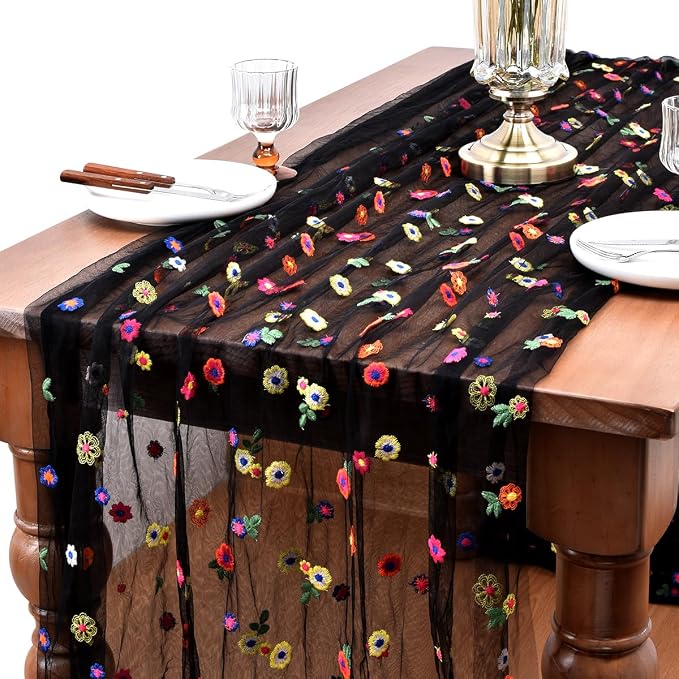 Joanlody Black Summer Flower Table Runner 10ft Embroidery Daisy Floral Seasonal Tulle Table Runner for Home Garden Tea Party Holiday Birthday Decoration