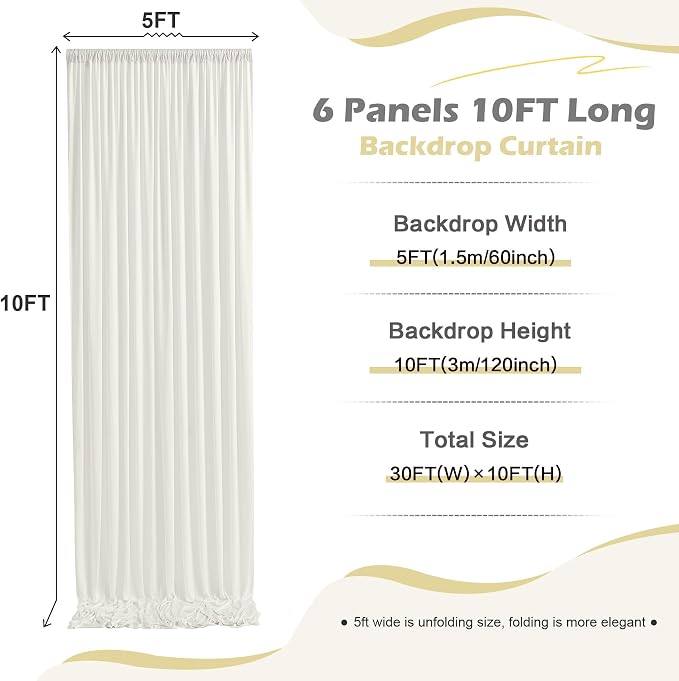 30ft x 10ft Wrinkle Free Ivory Backdrop Curtain for Parties, 6 Panels 5x10ft Silky Polyester Ivory Wedding Backdrop Drapes Photo Back Drop Cloth for Birthday Baby Shower Photography Background