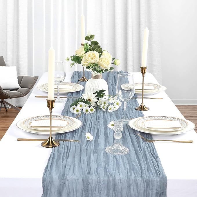 12 Pack Dusty Blue Cheesecloth Table Runner 10Ft Spring Gauze Cheese Cloth Table Runner 35x120 Inch Boho Sheer Rustic Fabric for Party Decor Baby Shower Wedding Decorations