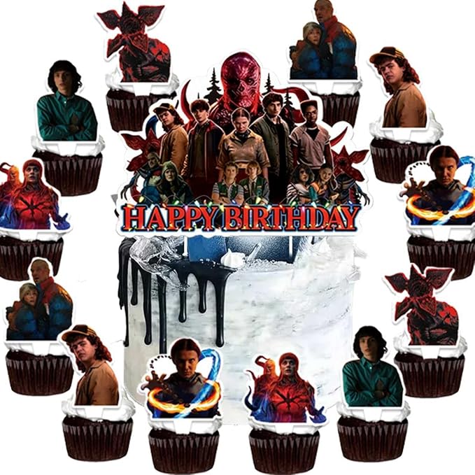50 PCS Stranger Party Supplies, Birthday Decorations Set Includes Banner, Balloons, Hanging Swirls, Cake Cupcake Toppers, Tablecloth for Boys Girls Theme Party