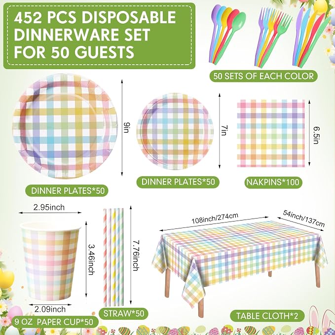 Funnymoom 452 Pcs Pastel Easter Party Decoration for 50, Spring Easter Paper Plates Napkins Cups Tablecloth Cutlery Straws Rainbow Pastel Gingham Plaid Tableware for Spring Birthday Party Supplies
