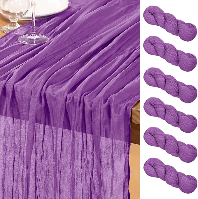 DeZerlor Dark Purple Cheesecloth Table Runner 6 Pack Spring Easter Table Runners Boho Gauze 120 Inches Cheese Cloth Easter Table Decorations for Wedding Bridal Baby Shower Parties