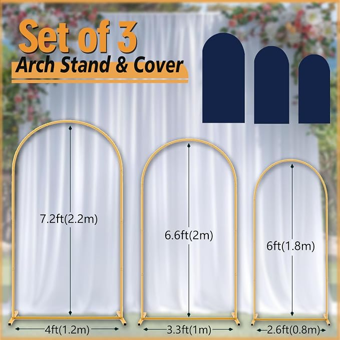 Arch Backdrop Stand and Cover Set (7.2ft,6.6ft,6ft) Metal Arch Frame Stand Gold with Navy Blue Cover for Wedding Birthday Party Baby Shower with Storage Bag(Navy Blue, 7.2FT+6.6FT+6FT)