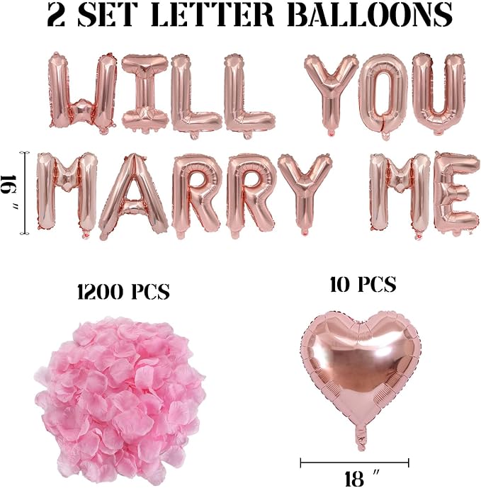 2 Set Rose Gold WILL YOU MARRY ME Balloons - 28pcs 16" Letter Balloons 10pcs 18" Heart Balloons 1200pcs Rose Gold Artificial Rose Petals Alphabet Foil Mylar Balloons for Valentines Day Decorations