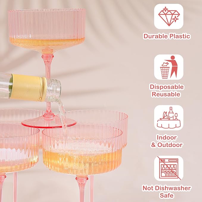 LIYH 20pcs Pink Martini Glasses 10 Oz Martini Glasses Plastic Disposable Pink Coupe Glasses Plastic Champagne Tower Disposable Martini Cups Perfect for Any Party,Bar,Cocktail,Beverage,Party