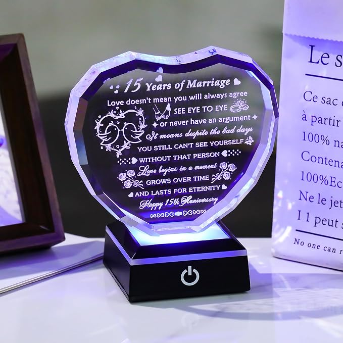 Arikyrist 15th Wedding Anniversary Crystal Heart Gifts for Couple, Laser Engraved Happy 15th Anniversary Crystal Gifts for Wife Husband, Romantic 15 Years of Marriage Gift for Him Her Friends