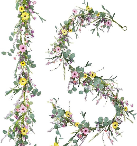 6.5FT Wildflower Daisy Garland Flower Garland with Daisy Lavender Faux Floral Vine Summer Spring Garland for Mantle Baby Shower Wedding Arch Front Door Porch Staircase Summer Spring Decor (1 Pcs)