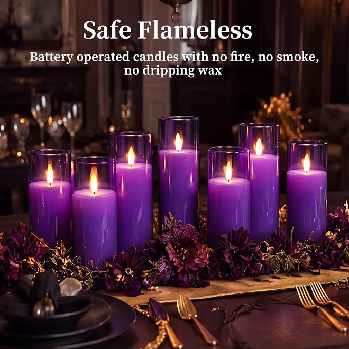 Homemory Purple Battery Operated Flameless Candles with Remote and Timer, Flickering LED Pillar Candles, Acrylic Decorative Candles for Home Decor, Weddings, Parties and Holidays, 9 Pack