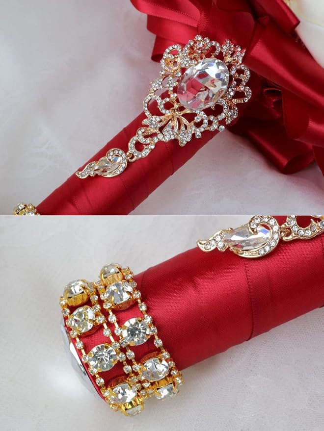 Bridal Wedding Bouquet Luxury Gold Rhinestone Brooch Bouquet for Bride Bridesmaid Quinceanera Artificial Satin Rose Flower Bouquet Wedding Burgundy and Ivory 7.1in