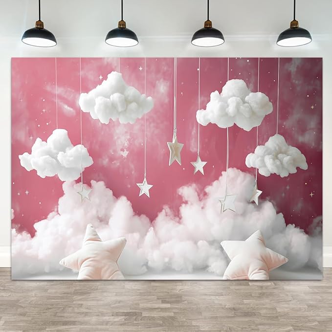 5x4ft Cloud Backdrop Sky Starry Star White Pink Photography Background Baby Shower Banner for Girl Baby Birthday Party Decoration Newborn Photoshoot Prop Cake Smash Photo Booth Prop