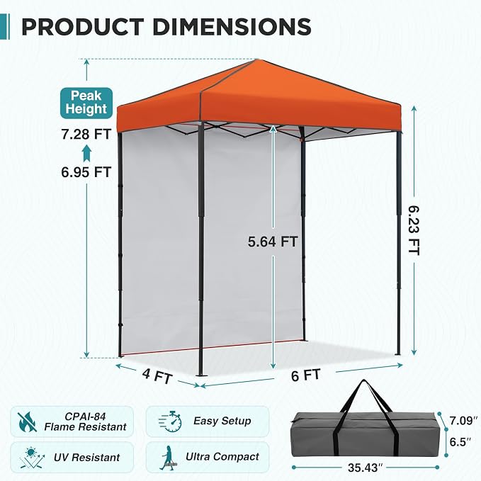 EAGLE PEAK 6x4 Instant Pop Up Canopy Tent with 1 Side Wall Panel, Straight Leg Sun Shelter, Portable Canopy with Carry Bag for Camping, Beach & Sports, Orange
