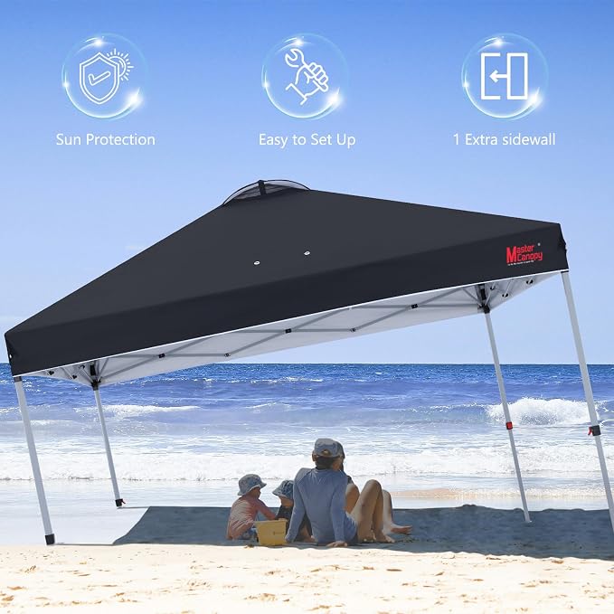 MASTERCANOPY 10x10 Pop Up Canopy Tent with 1 Sidewall, 1 Person Setup Instant Shelter, Outdoor Portable Beach Canopy, 1 Roller Bag, 4 Sandbags, 4 Ropes, 8 Stakes (10x10, Black)