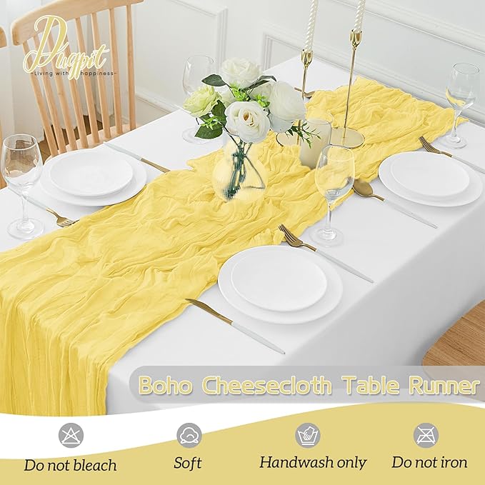 16Pack Light Yellow Cheesecloth Table Runner 10FT Yellow Gauze Table Runner 35x120Inch Long Boho Spring Easter Table Runners Rustic Sheer Table Runners for Wedding Baby Bridal Shower Decor