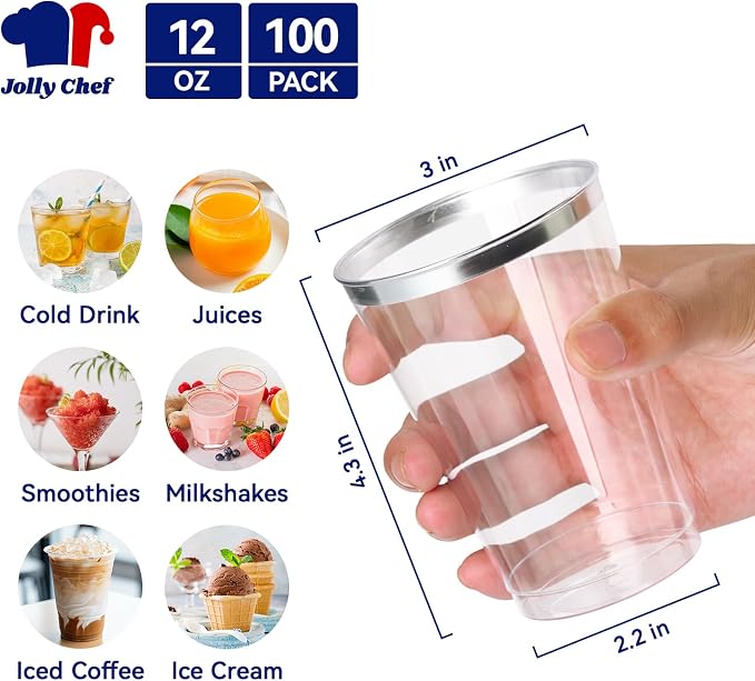 JOLLY CHEF 100 Pack Silver Plastic Cups, 12 oz Clear Plastic Cups Tumblers, Elegant Silver Rimmed Disposable Drink Glasses for Party Wedding, Thanksgiving Day, Christmas