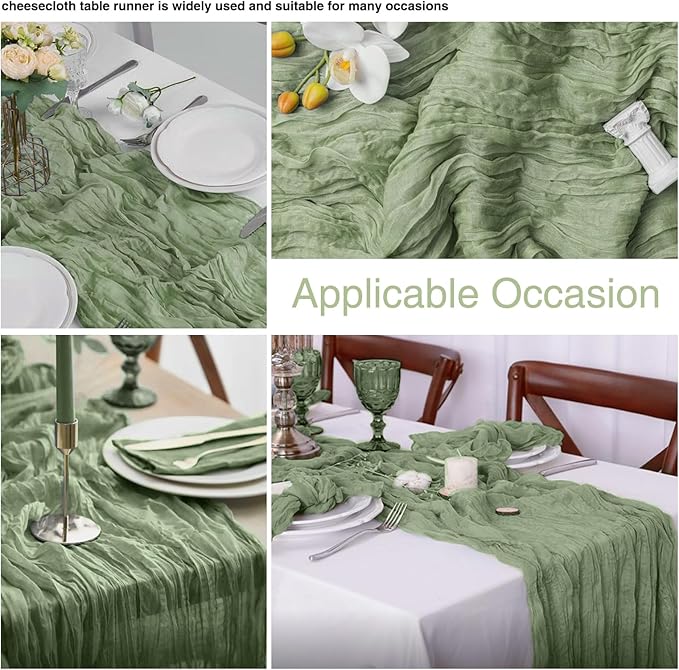 12 Pack Sage Green 10Ft Cheesecloth Table Runner 21x120 Inch Boho Wrinkled Sheer Romantic Gauze Decor for Wedding, Bridal Shower, Birthday Party