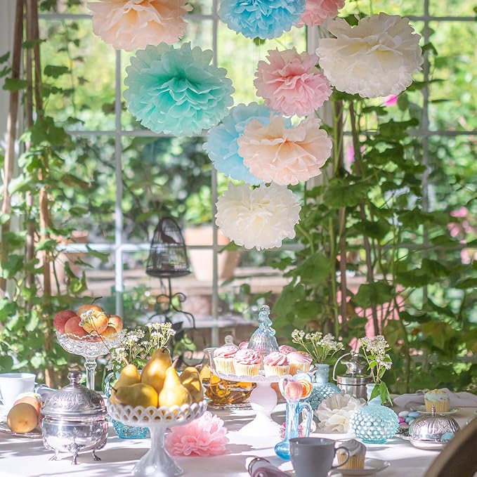 Pastel Tissue Paper Pom Poms - Hanging Paper Flowers for Rainbow Pastel Birthday Decorations, Baby Shower Decor, Easter Party Decor and Classroom Decorations by Avoseta (20pc)