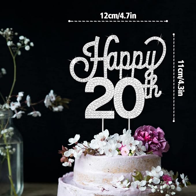 LINGTEER Happy 20th Birthday Silver Rhinestone Cake Topper - Cheers to 20th Birthday Twenty Years Old Party Cake Centerpieces Topper Decorations Gift Sign.