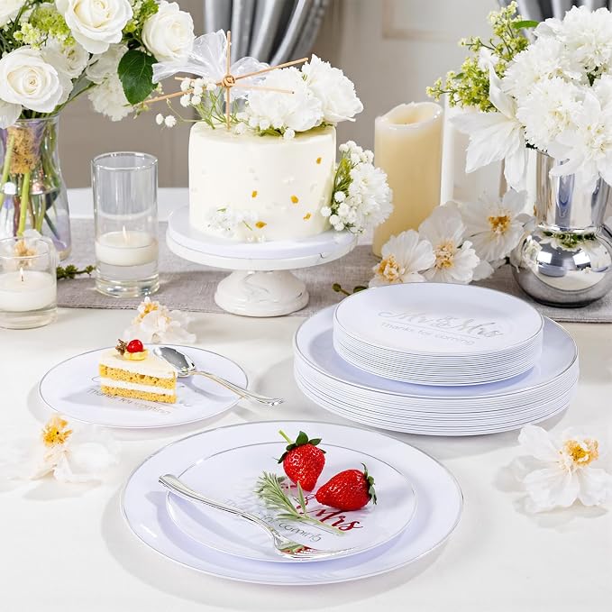 175 Mr and Mrs Silver Wedding Plastic Plates and Napkins Set,Bridal Shower Plates Set for 25 Guests Include 25Dinner Platos,25Dessert Platos,25Cups,25Napkins,25Gold Cutlery for Engagement Party Decor