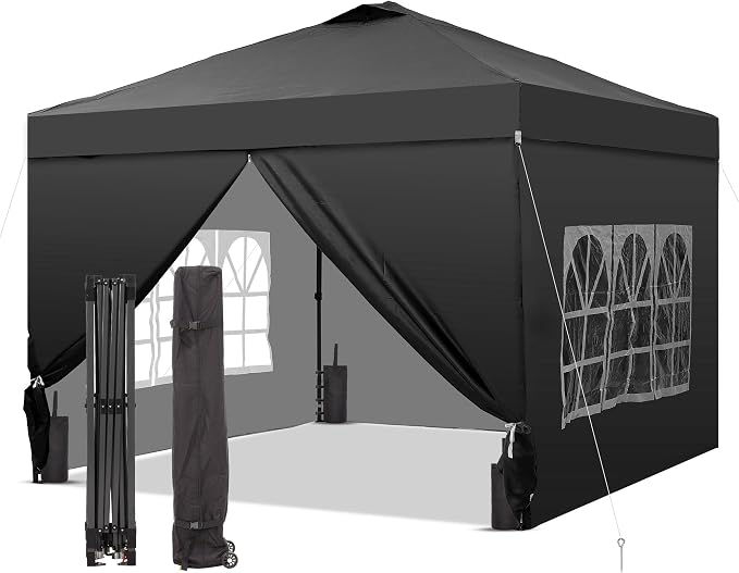 GDY 12x12ft Pop Up Canopy Tent with 4 Sidewalls, with Center Lock, 3-Level Height Adjustment, Wheeled Bag, for Gardens, Poolside, or Patio Lounge Spaces, Black