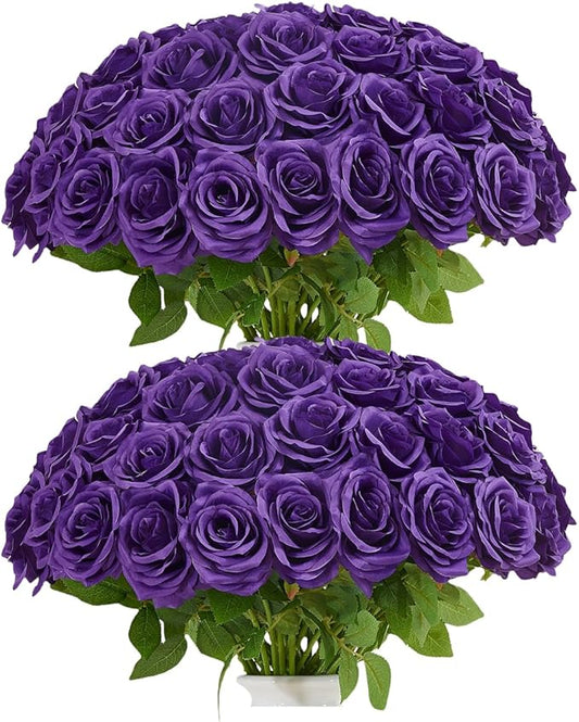 50pcs Purple Roses Artificial Flowers Bulk,Fake Roses Silk Flower with Stems Realistic Flowers for Wedding Centerpiece Home Party Decor