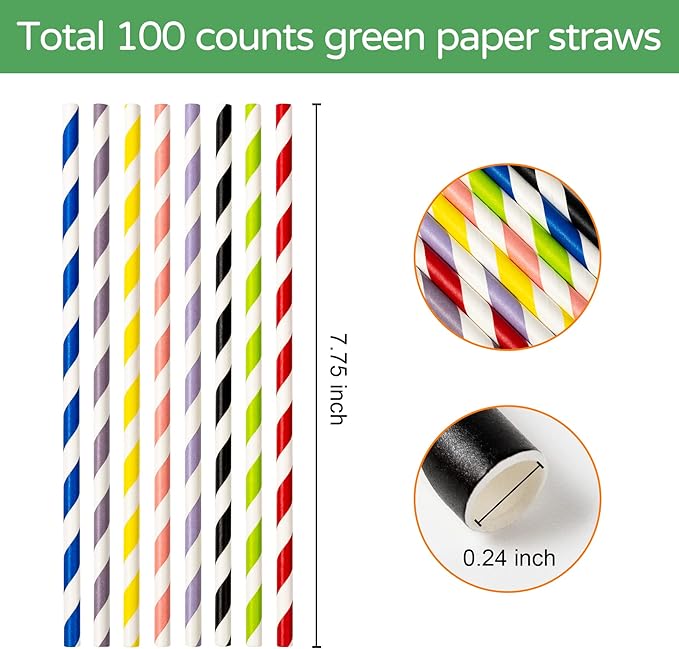 PakTalk [100 Pack] Biodegradable Black & White Stripe Paper Straws for Birthdays, Weddings, Baby Showers, Halloween & Christmas Party Supplies (0.24" x 7.75")