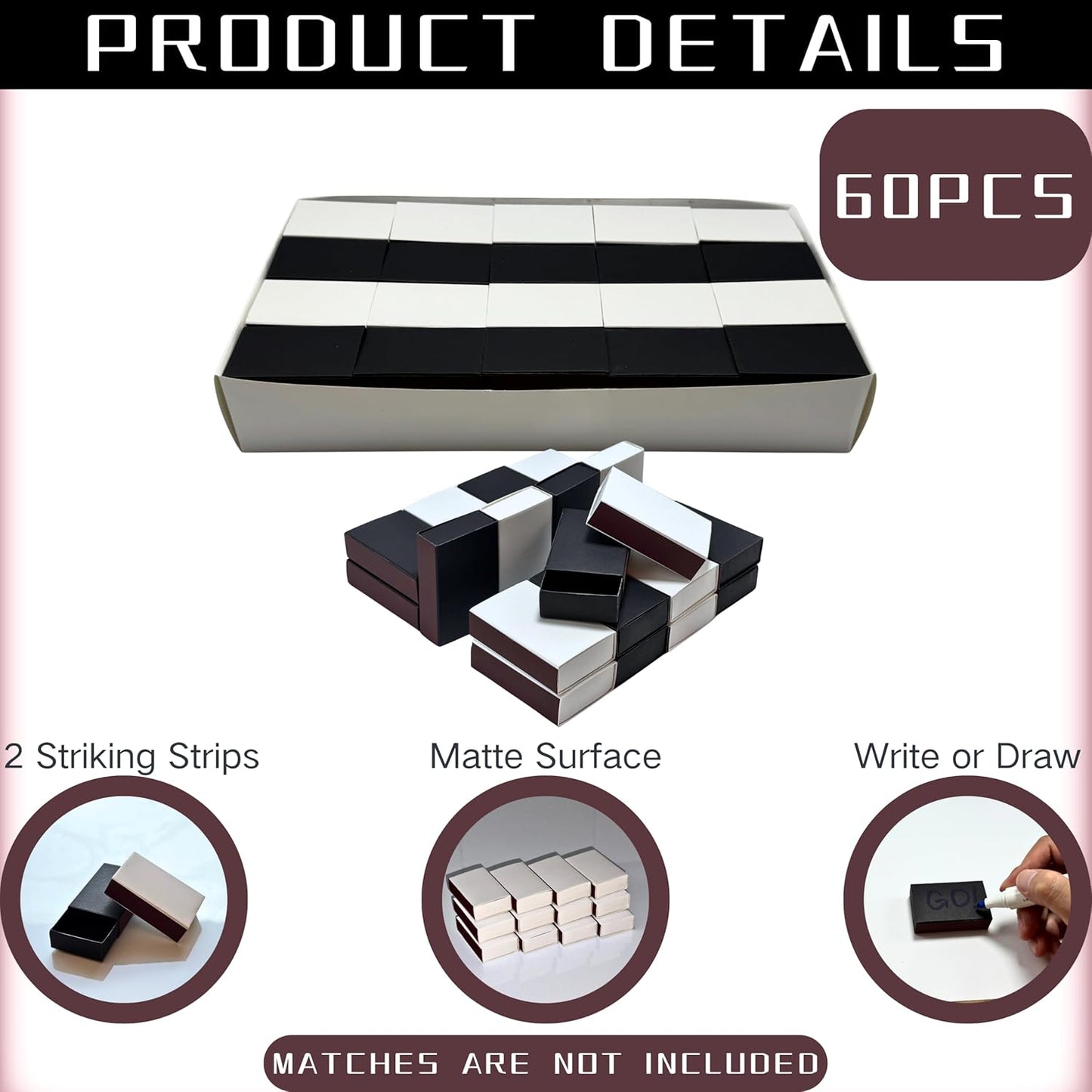 60pcs Blank Match Boxes, 2.25x1.42x0.59in Bulk White and Black Matchboxes DIY Plain Storage Containers Holders Double-Sided Striker Wedding Bridal Baby Shower Birthday Party Favor, No Matches Included