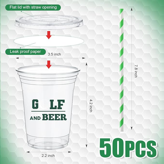 FoldTier 50 Pcs Golf Cups, 12 oz Disposable Plastic Cups with Straws and Lids Golf Clear mug Birthday Bachelor mugs Supplies Birthday Table Decorations Party Favor