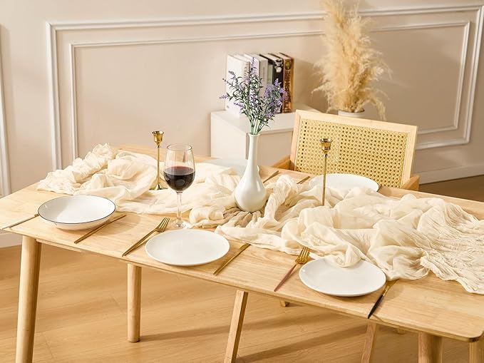 10 Pack Beige Spring Table Runner Boho Cheesecloth Table Runners Bulk 10 ft Crinkled Gauze Sheer Mother's Day Table Centerpieces for Wedding Ceremony Anniversary Bridal Baby Shower Banquet