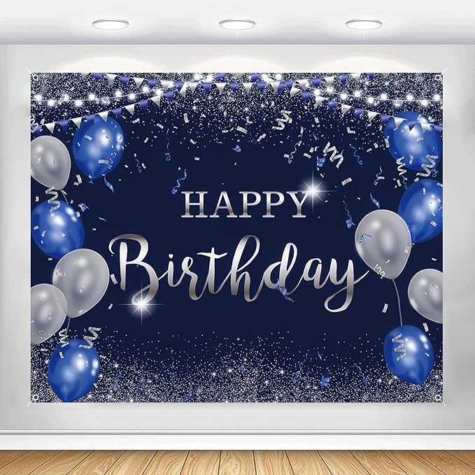 Happy Birthday Banner Backdrop for Men Boys Navy Blue and Silver Party Decorations Background Poster for Women Girls Supplies Polyester Fabric Indoor Outdoor 8x6ft