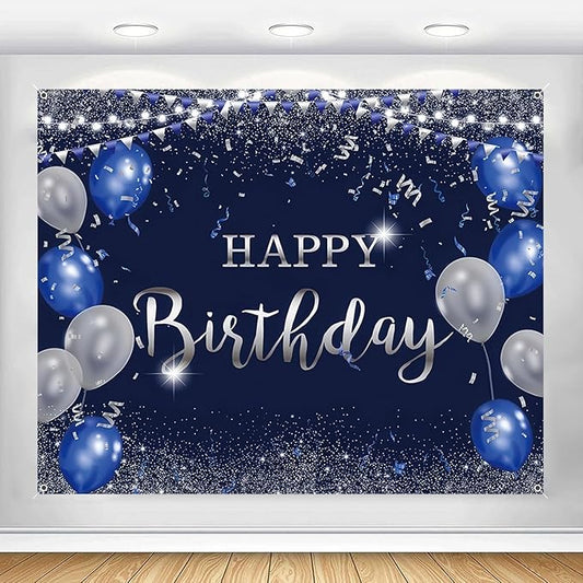 Happy Birthday Banner Backdrop for Men Boys Navy Blue and Silver Party Decorations Background Poster for Women Girls Supplies Polyester Fabric Indoor Outdoor 8x6ft