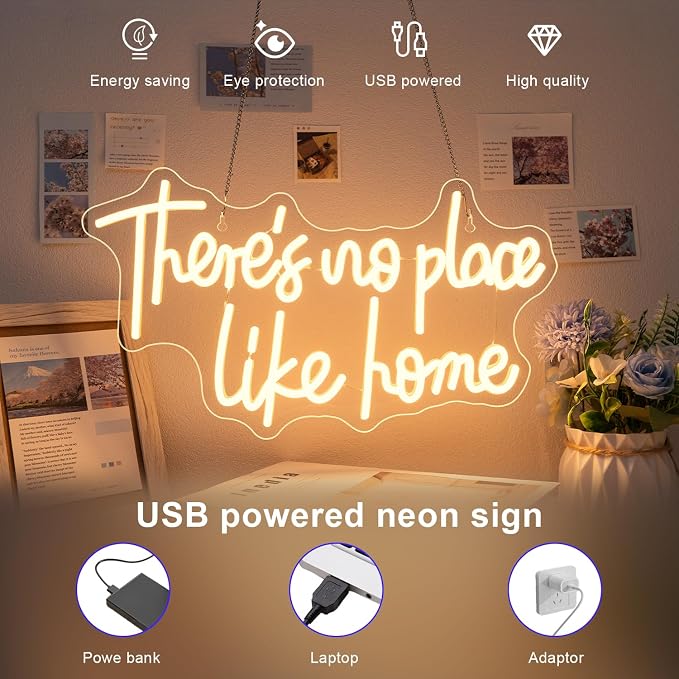 Lucunstar There‘s No Place Like Home Neon Sign For Room Warm White Led Sign USB Powered Neon Light for Wall Decor Light Up Signs for Wedding Party Bedroom Home Decor