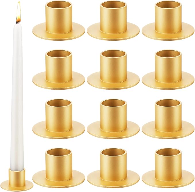 12 Pcs Gold Metal Taper Candle Holders Bulk for Wedding Pillar Candles Taper Candlesticks Holders Centerpieces Short Candle Stick Dinner Decor for Party Anniversary Dinning Table Gift (12, Gold)