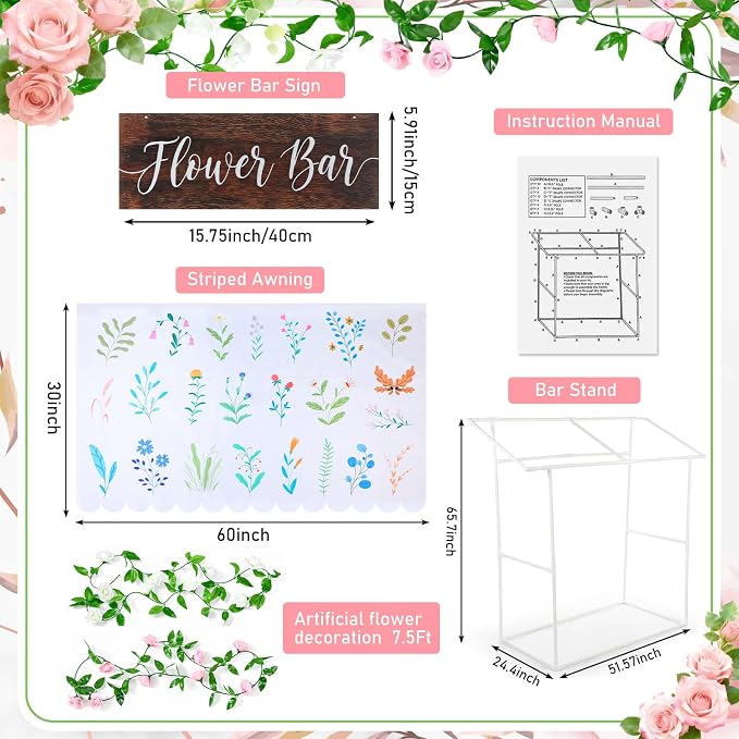 7 Pcs Flower Bar Stand Kit Flower Display Bloom Bar with 1 Set Plastic Stand 1 Floral Sunshade Cloth 4 Rose Tinsel 1 Wood Sign for Wedding Shop Floral Party Supplies Garden