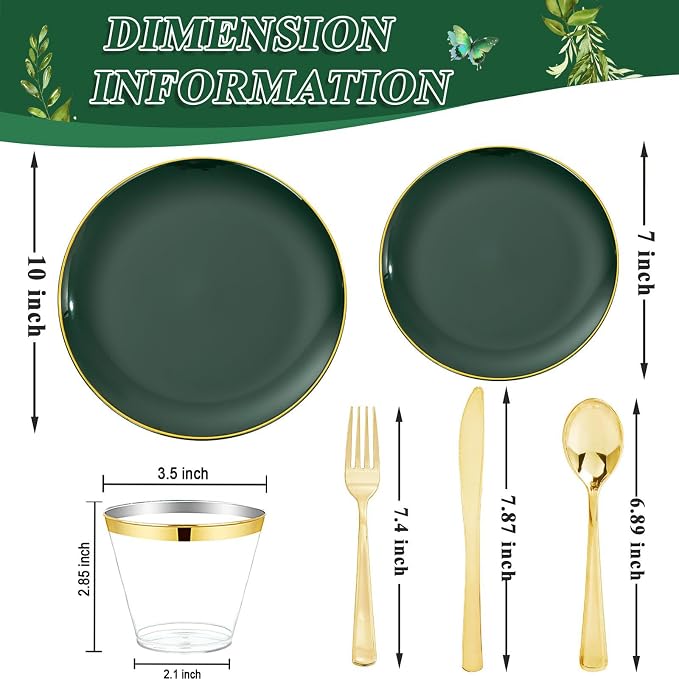 WDF 300Pcs Green Plates Disposable - Heavy Duty Green Plates for 50 Guest Green Plastic Dinnerware Include 50 Dinner Plate 50 Dessert Plate 150 Cutlery & 50 9oz Cups for Wedding/Birthday Party