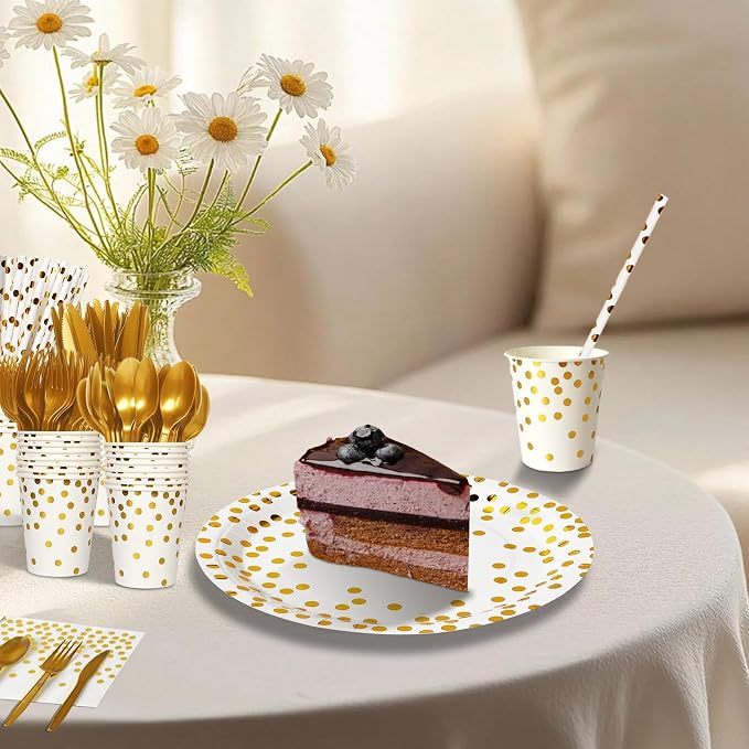 Nkaiso 193 Pcs White Gold Paper Plates and Napkins Party Supplies Sets Include White Party Plate Cup Napkin Plastic Cutlery for Baby Shower, Wedding, Birthday Decoration -24 Guest
