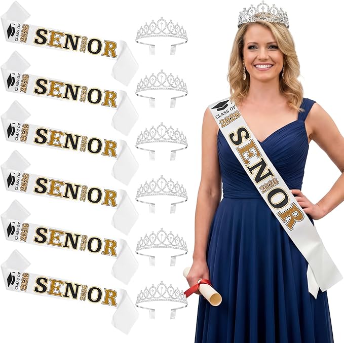Janinka 6 Pcs Senior Sash 2026 Graduation Satin Sash with Glitter Letter Silver Crown Tiaras Cheer 2026 Gifts for Graduation Party Cheerleader Prom Photos Celebration(Black)