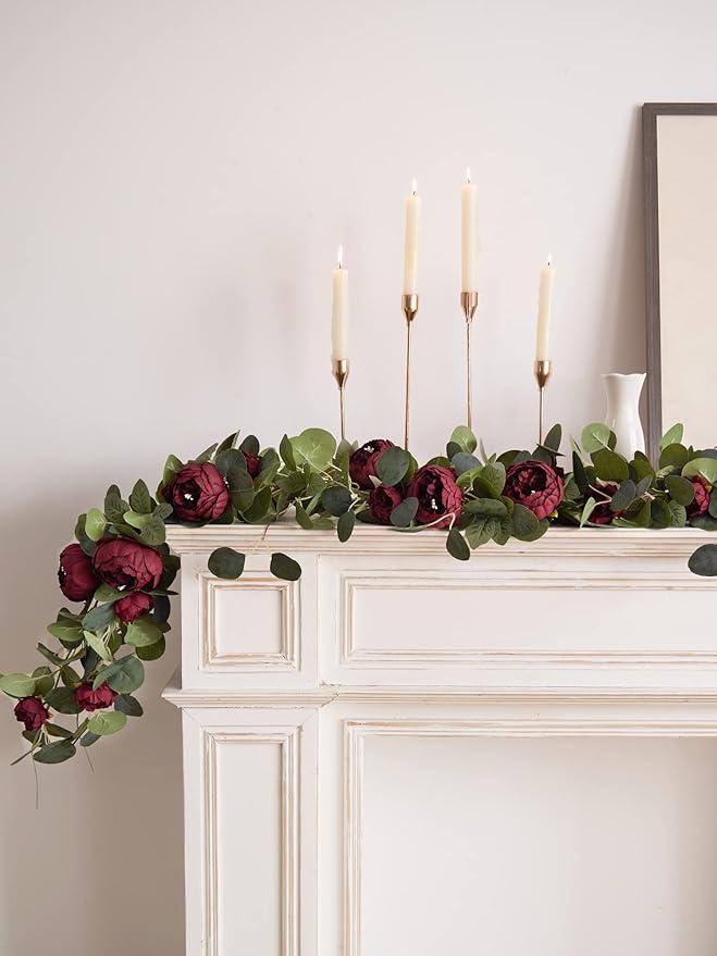 MISSPIN Artificial Eucalyptus Garland with Flower Vintage Faux Peony Rose Vine Greenery Decorative Table Centerpieces for Spring Wedding Arch Door Arrangement Party Decor