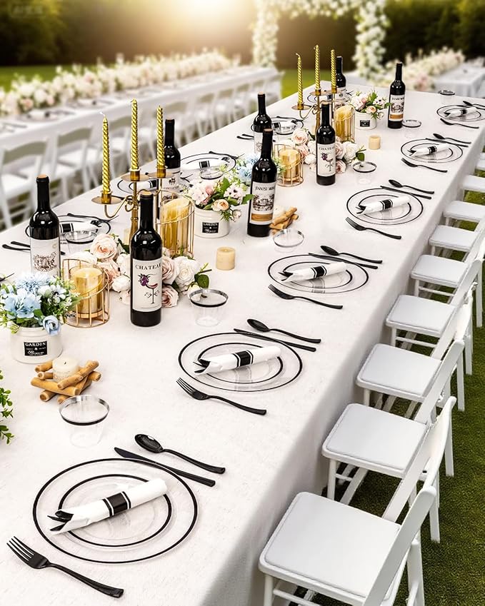 BESTVIP 700Pcs Clear Black Plastic Plates for Party,Disposable Dinnerware Set for 100 Guests, 200 Plastic Plates,100 Cups,100 Pre-Rolled Napkins with Cutlery for Graduation Party, Wedding, Halloween
