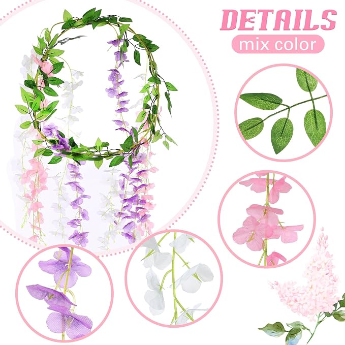 Thiccywoov 4pcs Wisteria Artificial Flowers Garland, 7.2Ft/Piece Wisteria Hanging Flowers Garland for Wedding Arch Decoration Outdoor Ceremony Home Backdrop Garden (Light Purple,White,Light Pink)