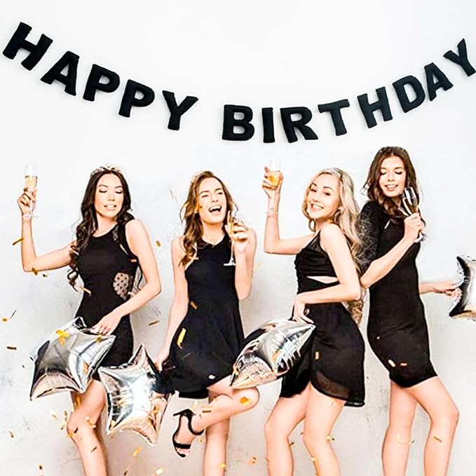 Meygajoe Pre-Strung Felt Happy Birthday Banner,Reusable HAPPY BIRTHDAY Garland,Birthday Banner Decorations,Personalized Happy Birthday Sign for Birthday Decor,Party Decor,Photo Prop (Black) M-123