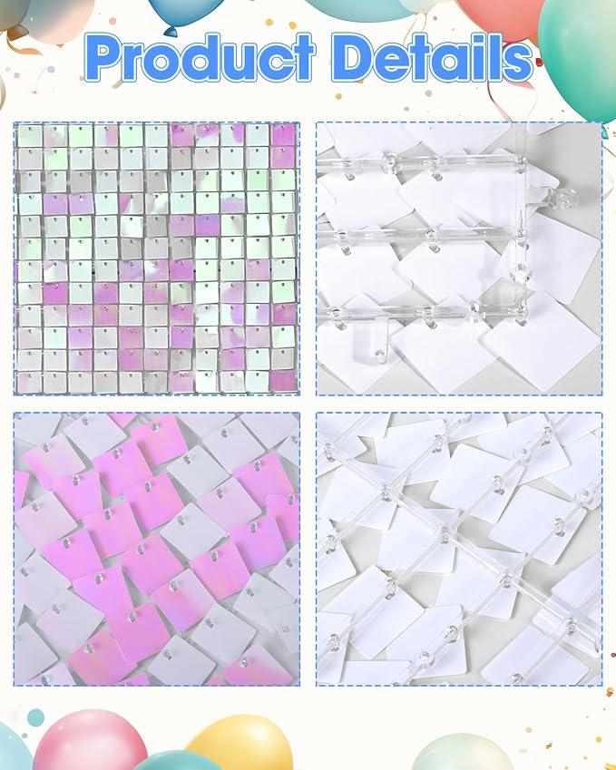 Iridescent Pink Shimmer Wall Backdrop, Mjkeomo 24 Pcs Sequin Backdrop Glitter Photo Backdrops for Birthday, Graduation, Anniversary, Wedding, Home Party Decorations