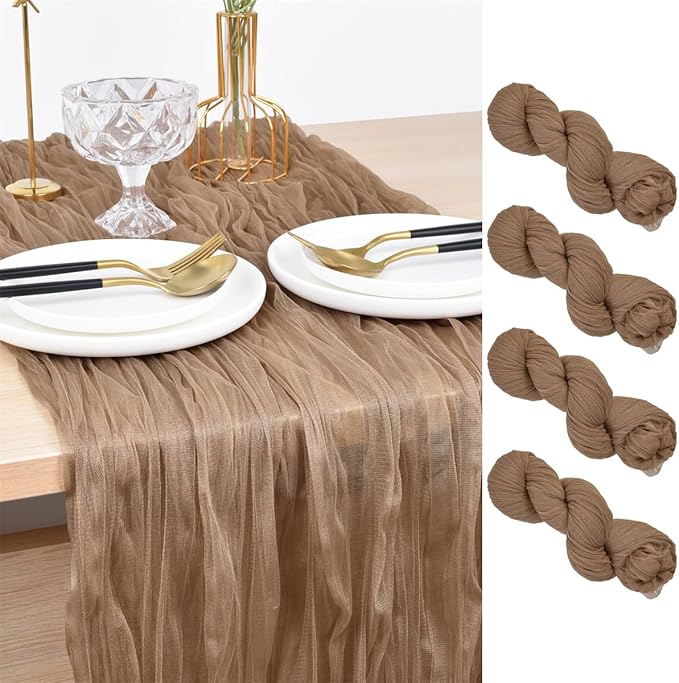 Joanlody Coffee Cheesecloth Table Runner Spring Summer 10Ft Rustic Gauze Boho Cheese Cloth Table Runner for Wedding Bridal Baby Shower Decoration 4 Pack