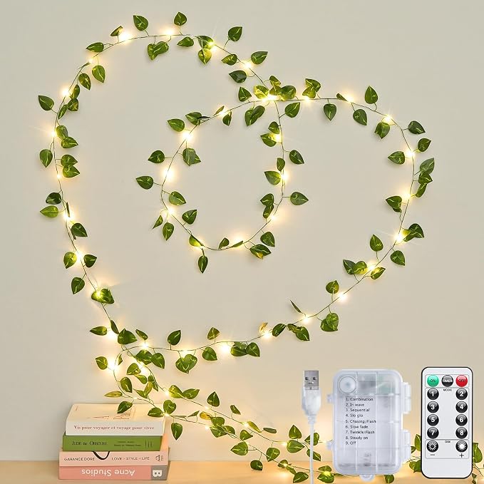 JMEXSUSS 33 FT 100 LED Vines with Lights USB/Battery Operated, Pothos Vines with Fairy Lights with Remote, Fake Leaf Lights for Bedroom Classroom Wall Dorm Wedding Decor (Warm White)