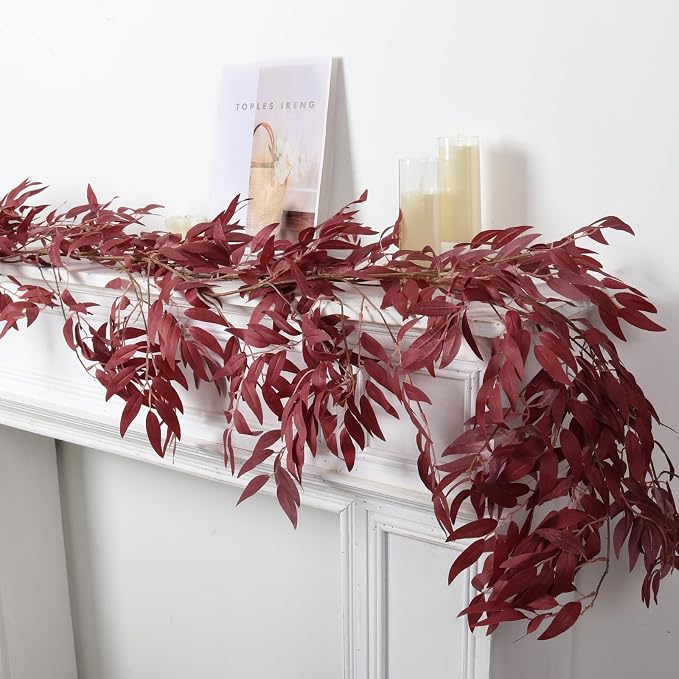 RECUTMS Artificial Hanging Willow Leaves Vine Twigs 2Pcs 5.9Ft Fake Silk Burgundy Leaf Ivy Fall Garland Faux Greenery Indoor Outdoor Valentines Day Wedding Birthday Christmas Thanksgiving Party Decor