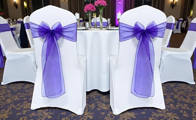 MDS® Pack of 75 Organza Chair Sashes for Wedding Decoration, Reusable Sheer Chair Bows for Banquet Chair Cover, Reception, Bridal Shower, Baby Shower, Birthday Party & Special Events - Purple