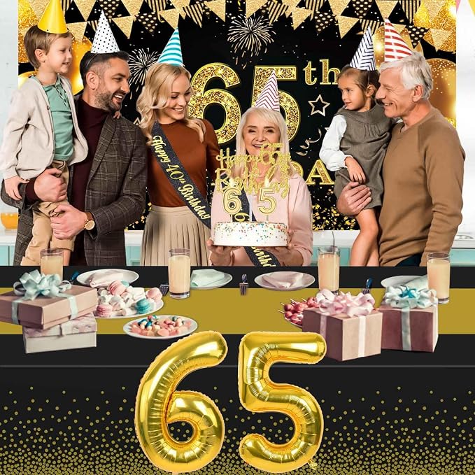 65th Birthday Decorations Men Women with 65th Birthday Banner, Black and Gold Table Cloth, Number Balloons, Large Sash, Cake Topper and Candles