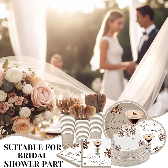 Shellwei 410 Pcs Love Is Brewing Coffee Bridal Shower Party Tableware Set Love Is Brewing Plates Napkins Cups Cutlery for Coffee Lovers Bachelorette Party Decorations Supplies for 50 Guests