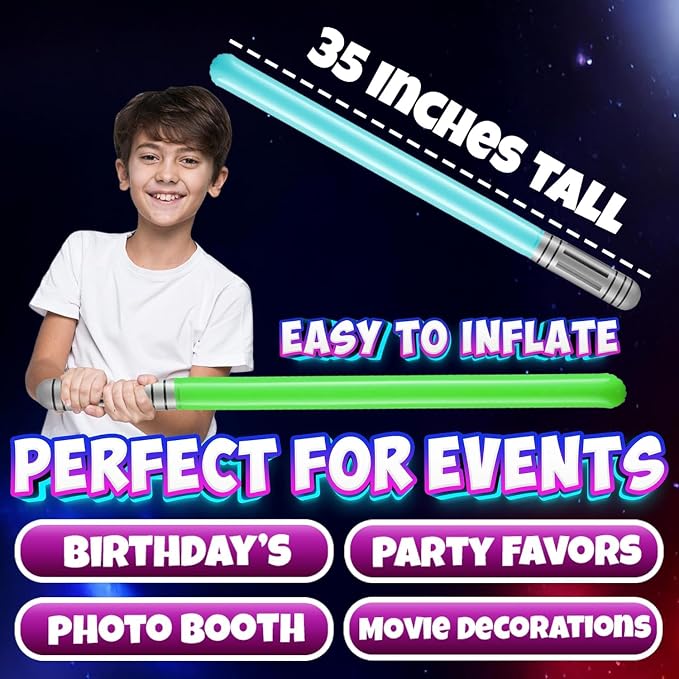 Bedwina Inflatable Saber Swords for Kids - (Pack of 6) 35-inch Neon Color Blow-Up Toy Saber Swords, Party Favors, Goodie Bags, Star Galaxy Theme Birthdays & Prize Toys