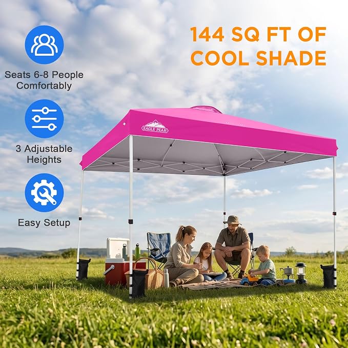 EAGLE PEAK Pop Up Canopy Tent with Wheeled Carry Bag, 8 Stakes, 4 Ropes, 4 Weight Bags, Easy Set Up Tent Canopy, 12x12 ft, 144sqft of Shade, Pink